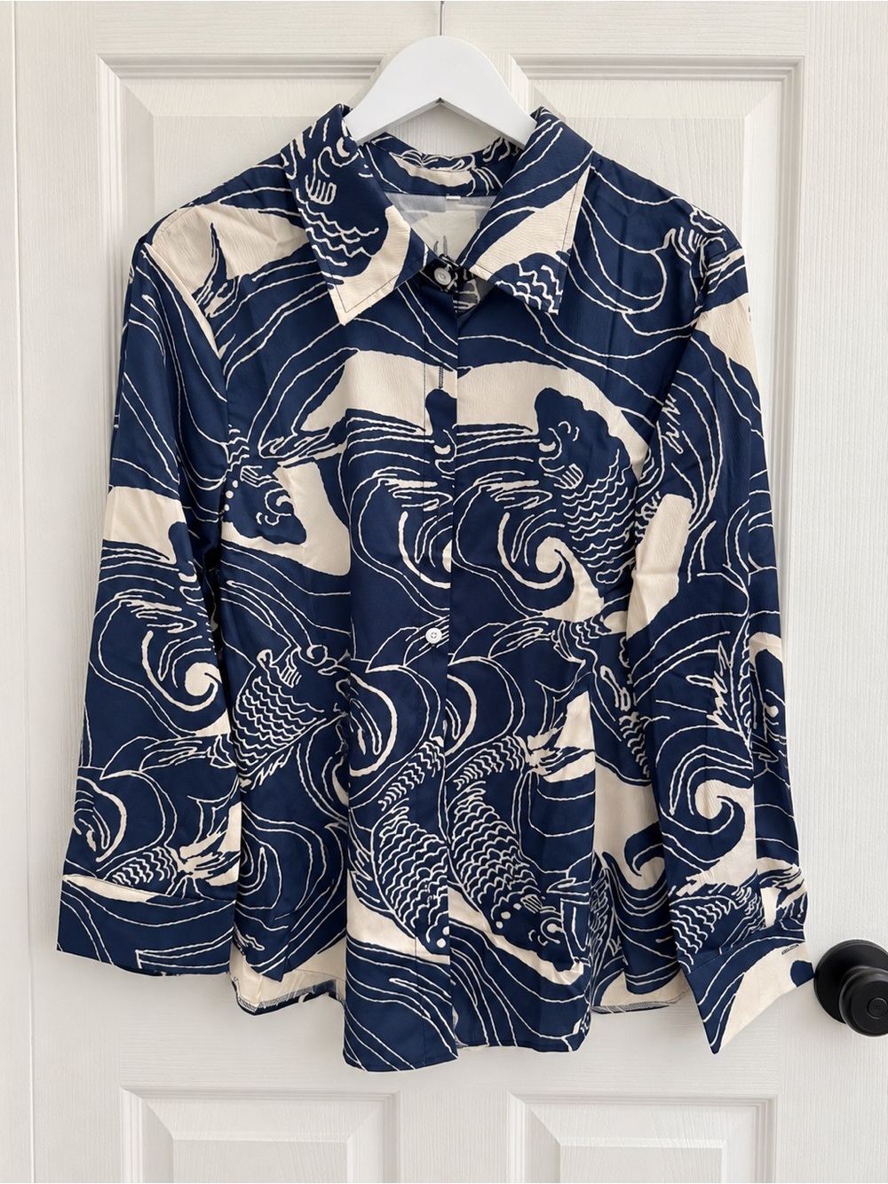 SHEIN Navy and Cream Koi Wave Button-Down Shirt